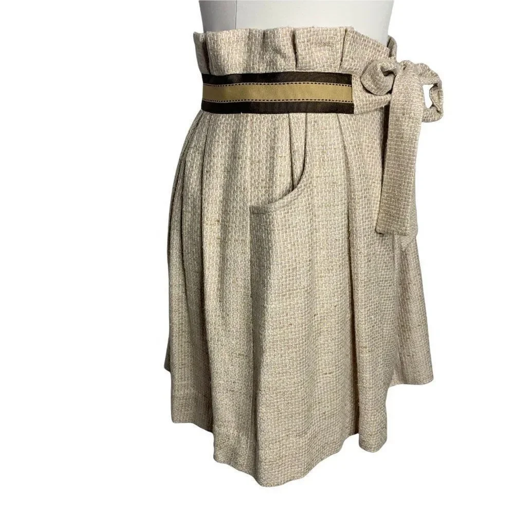 Vintage Silk Paper Bag Waist Mini Skirt S Beige Tie Waist Zip Pockets Pleated